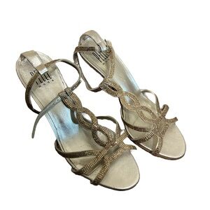 Pelle Moda Gold Rhinestone Strappy Stiletto Heels Size 8